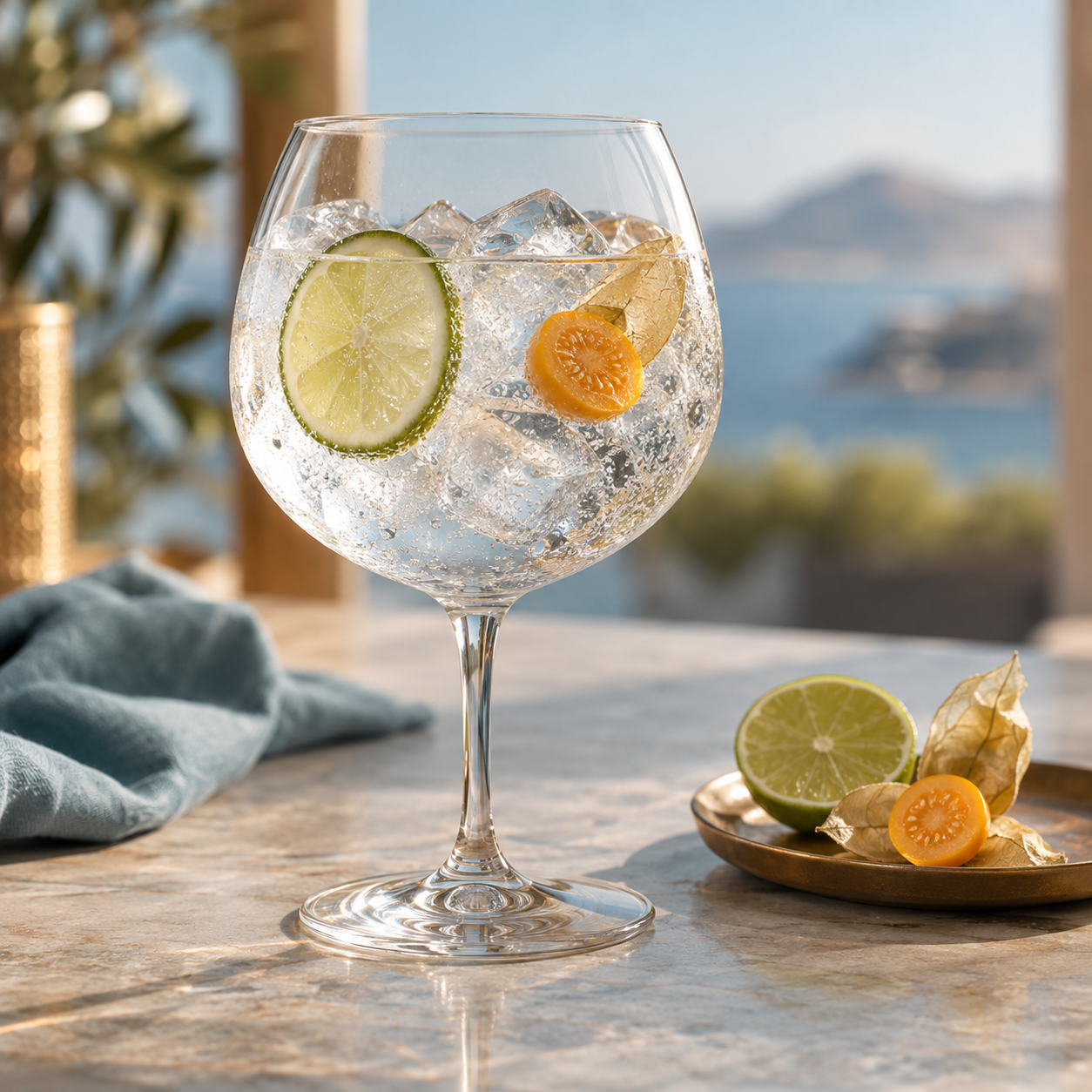 London to Lima Gin servi avec Fever-Tree Naturally Light Tonic Water, agrémenté de Lime wheel et Halved physalis