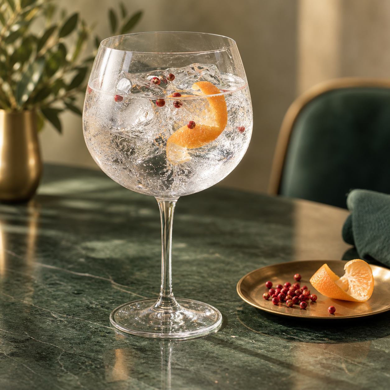 Amázzoni Gin servi avec Fever-Tree Mediterranean Tonic Water, agrémenté de Tangerine peel et Pink peppercorns