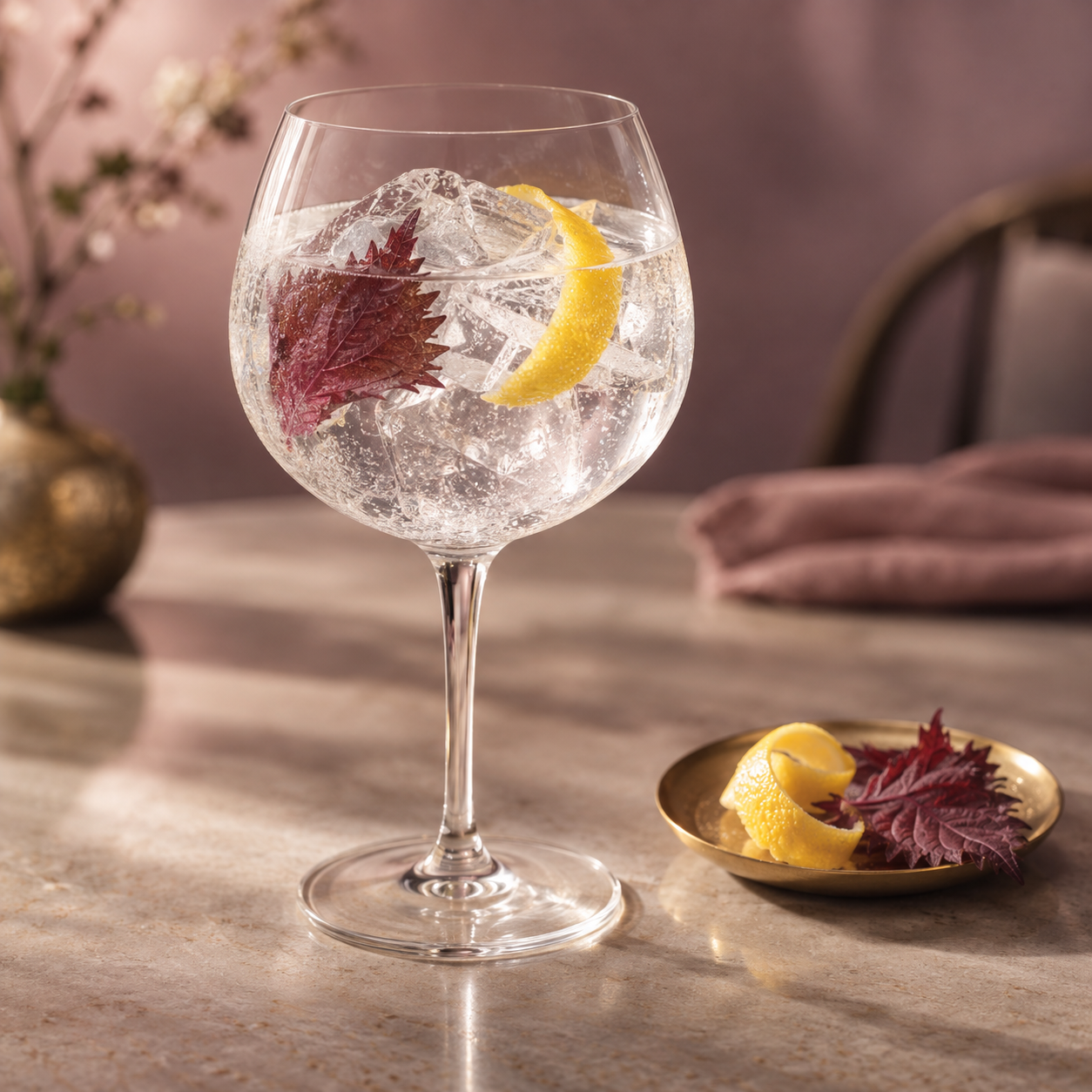 SAKURAO GIN LIMITED served with Premium soda water, garnished with Lemon peel and Red shiso leaf