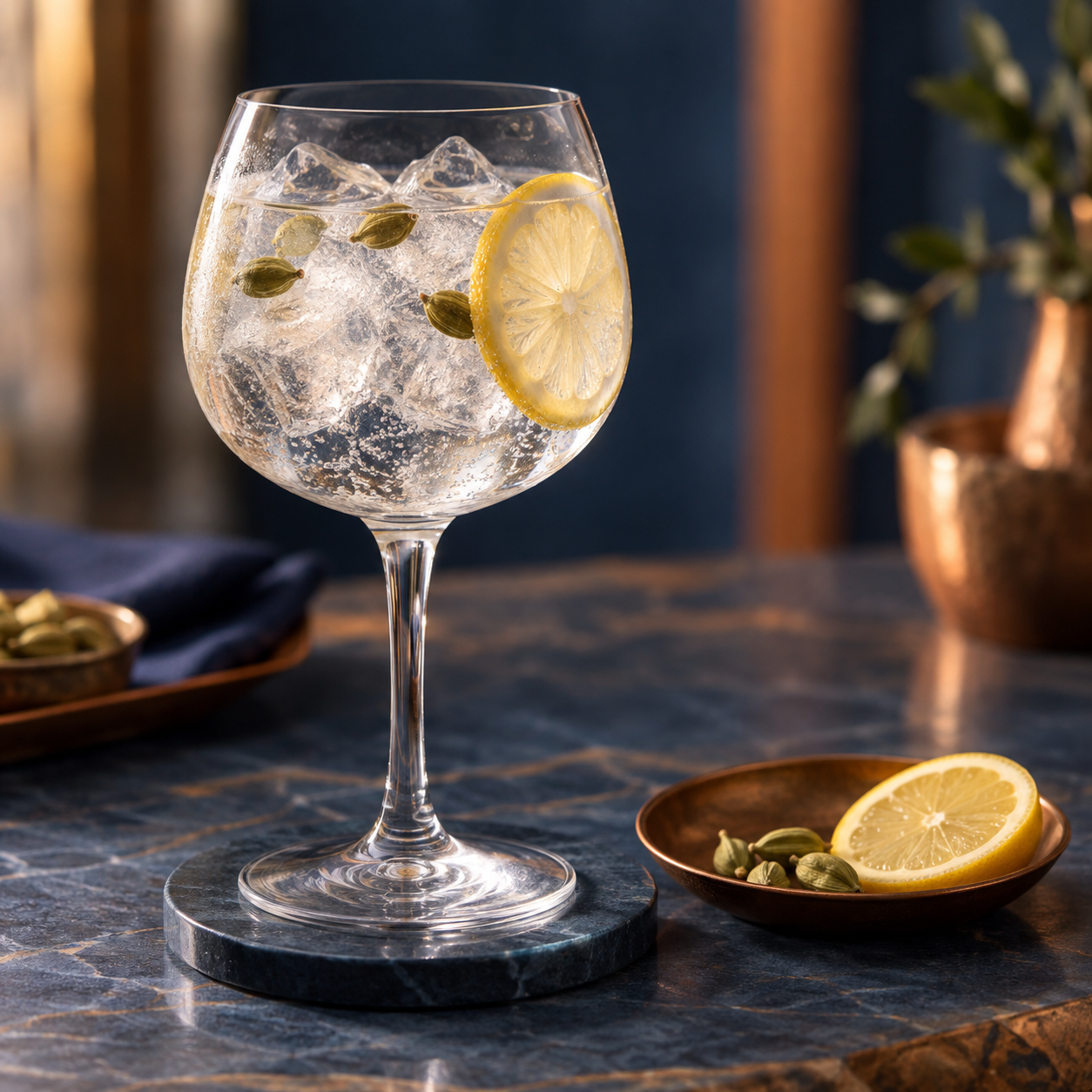 JIN JIJI Darjeeling India Dry Gin served with Fever-Tree Naturally Light Tonic Water, garnished with Lemon wheel and Green cardamom pods