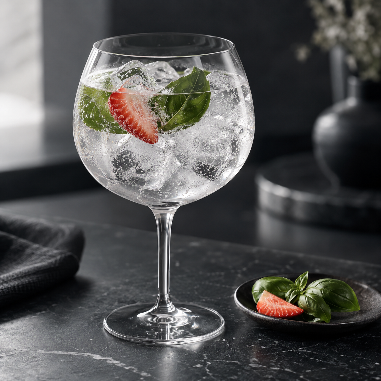 Icelandic Eagle Gin servi avec Fever-Tree Mediterranean Tonic Water, agrémenté de Strawberry slice et Basil leaves