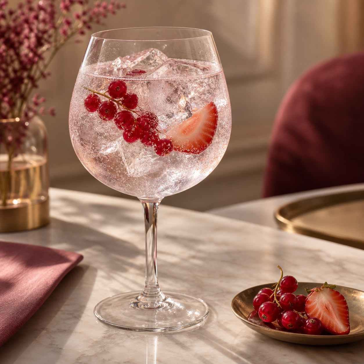 Angelica Pink Gin servi avec Fever-Tree Indian Tonic Water, agrémenté de Redcurrants et Strawberry slice
