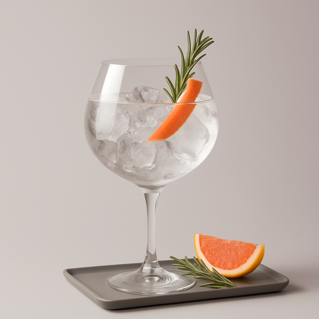 Arbun Juniper Premium Gin de Medronho servi avec Thomas Henry Tonic Water, agrémenté de Pink grapefruit twist et Fresh rosemary sprig