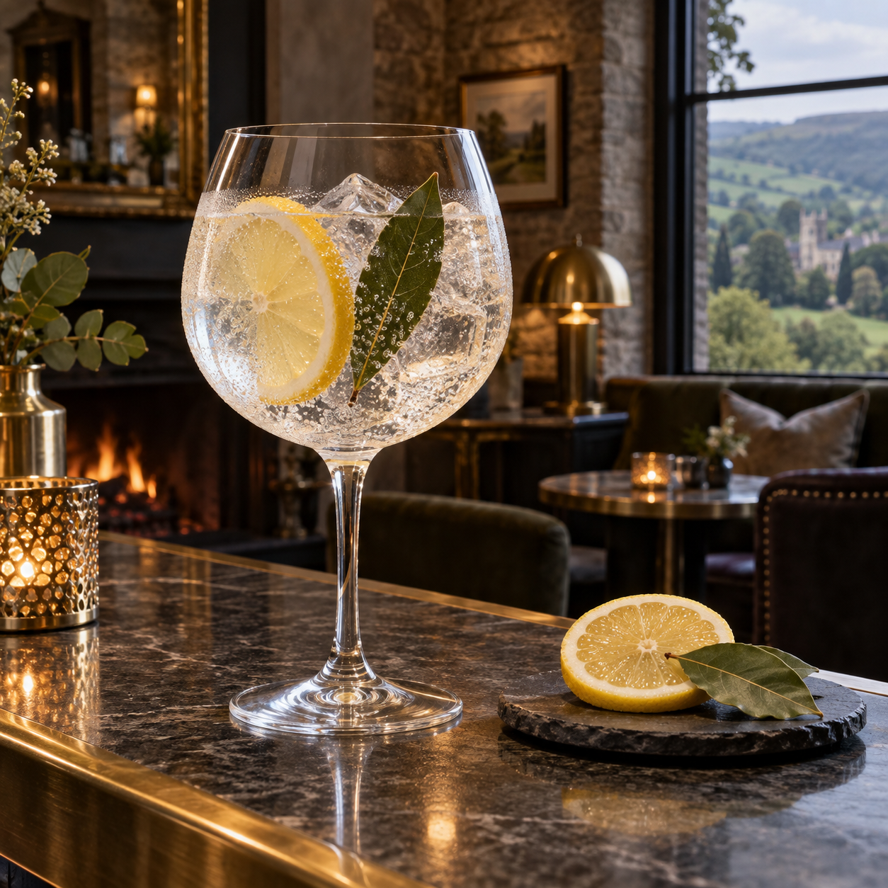 Miner's Strength London Dry Gin served with Premium Indian tonic water, garnished with Lemon wheel and Bay leaf