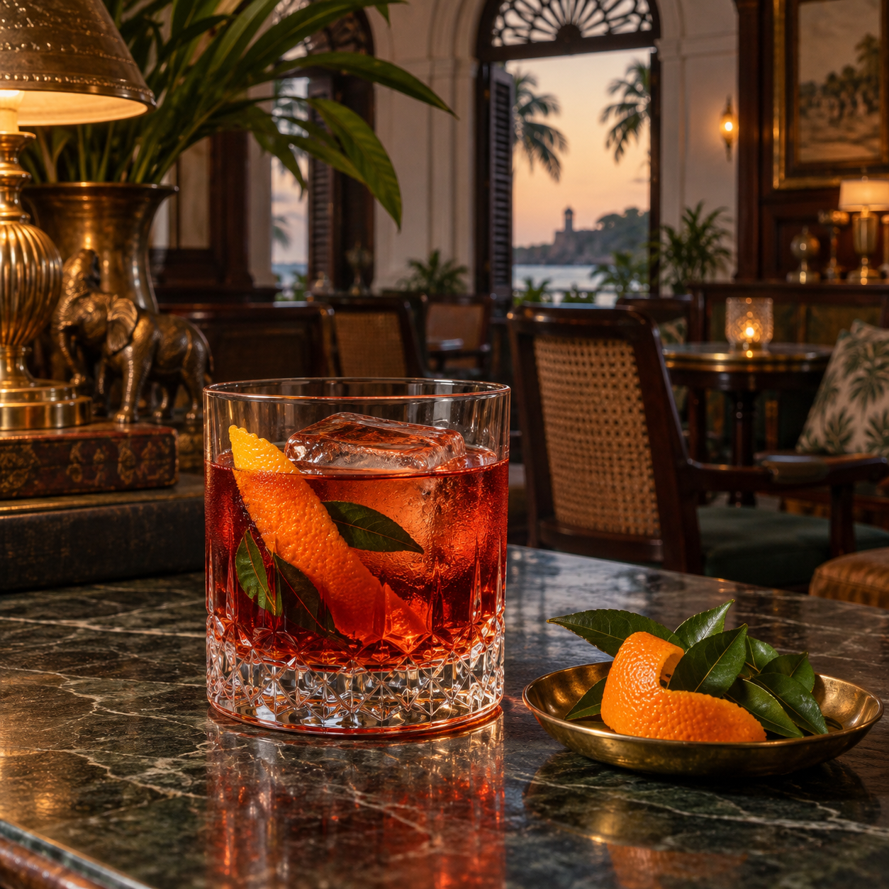 Colombo No 7 Ration Navy Strength Gin served with Sweet vermouth and bitter aperitif, garnished with Orange peel and Curry leaf