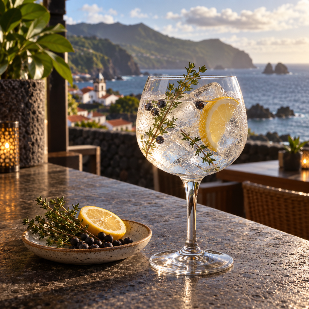 Ghosts of the Ocean Baleia Edition served with Mediterranean tonic water, garnished with Juniper berries and Thyme sprig