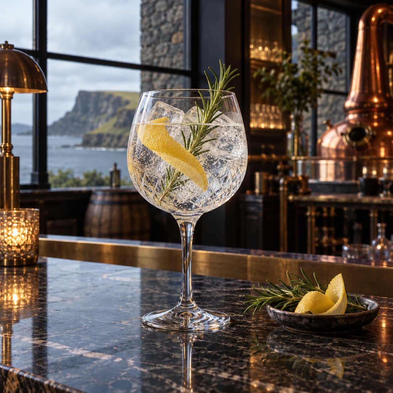 Symphonia Irish Dry Gin served with Indian tonic water, garnished with Lemon peel and Rosemary sprig