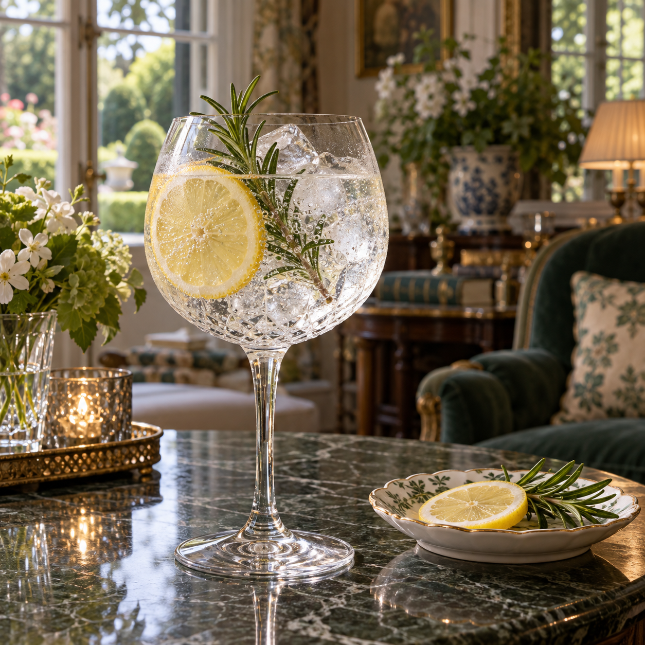 English Heritage London Dry Gin served with Indian tonic water, garnished with Lemon wheel and Rosemary sprig