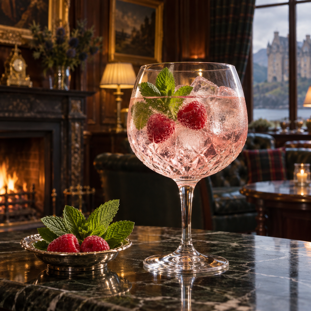 1881 Pavilion Gin served with Elderflower tonic water, garnished with Raspberries and Fresh mint