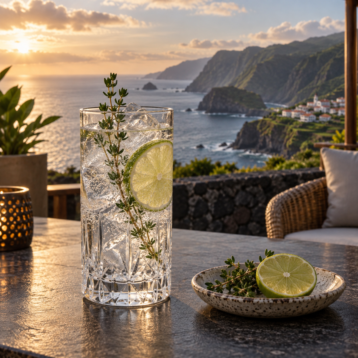 Ghosts of the Ocean Botanical Dry Gin served with Mediterranean tonic water, garnished with Thyme sprig and Lime wheel