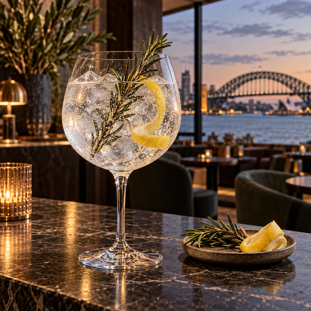 Never Never Juniper Freak Gin served with Fever-Tree Indian Tonic Water, garnished with Dried rosemary sprig and Lemon peel