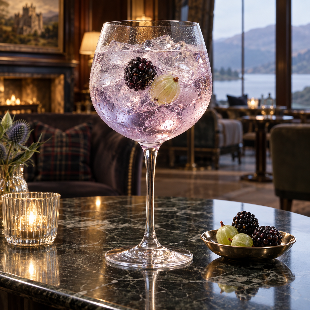 Ben Lomond Blackberry & Gooseberry Gin servi avec Indian tonic water, agrémenté de Blackberry et Gooseberry