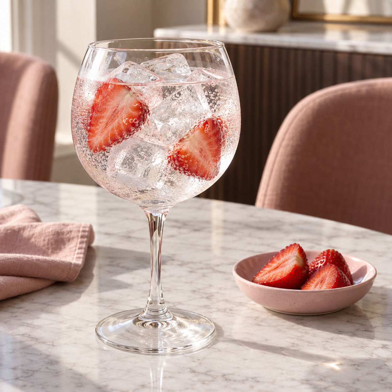 Shed Loads of Love Gin servi avec Fever-Tree Indian Tonic Water, agrémenté de Strawberry halves