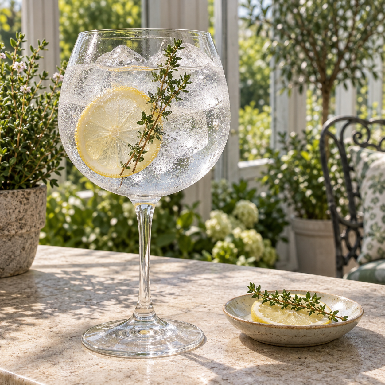 Gin In A Tin No 7 Fennel Lemon & Thyme servi avec Fever-Tree Indian Tonic Water, agrémenté de Lemon wheel et Thyme sprig