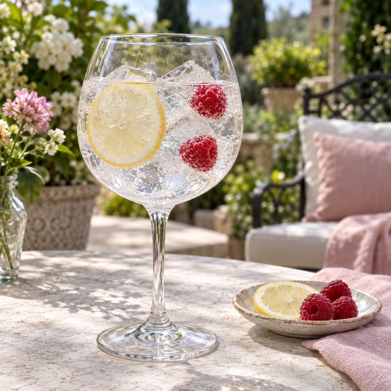Gin In A Tin No 5 Elderflower Chamomile & Marigold served with Fever-Tree Indian Tonic Water, garnished with Lemon wheel and Raspberries