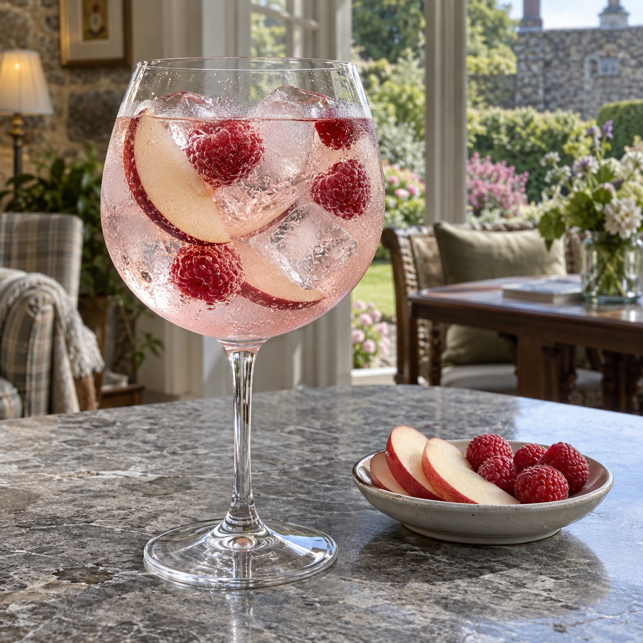 Caorunn Scottish Raspberry Gin served with Fever-Tree Indian Tonic Water, garnished with Raspberries and Red apple slices