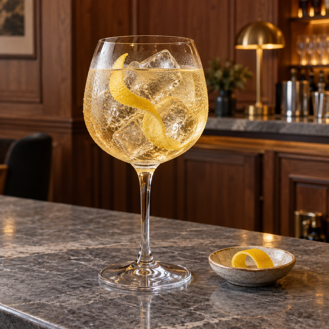 Branderiet Navy Strength Fadlageret Gin servi avec Fever-Tree Indian Tonic Water, agrémenté de Lemon twist