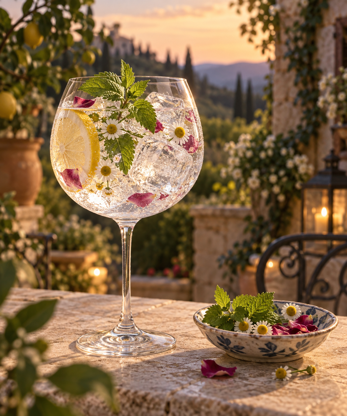 Spirito Delle Stelle London Dry Gin Sweet Dreams served with Fever-Tree Indian Tonic Water, garnished with Lemon balm sprig and Chamomile flowers