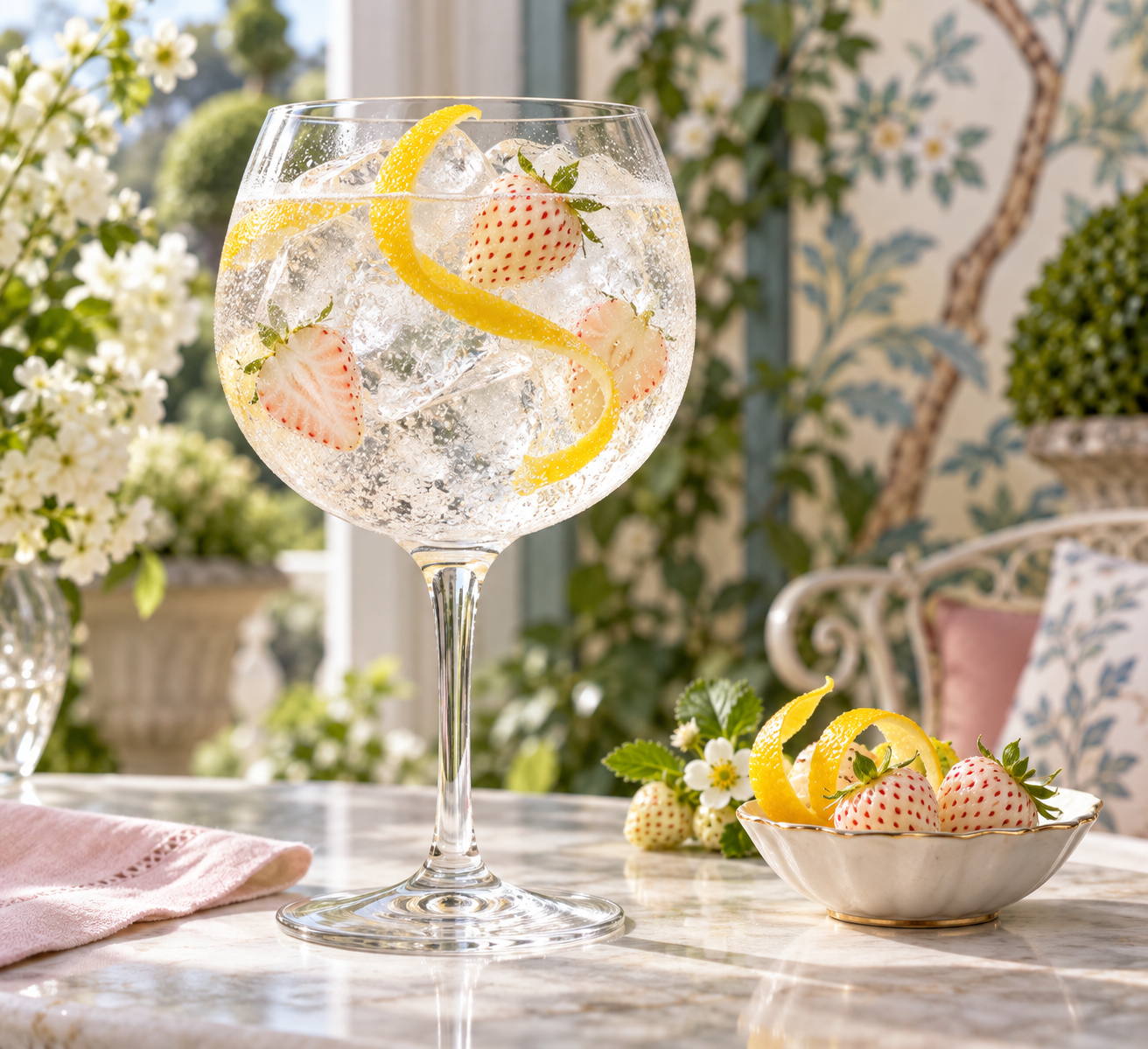 Whitley Neill Japanese Yuzu & White Strawberry Gin served with Fever-Tree Indian Tonic Water, garnished with Yuzu peel and White strawberry