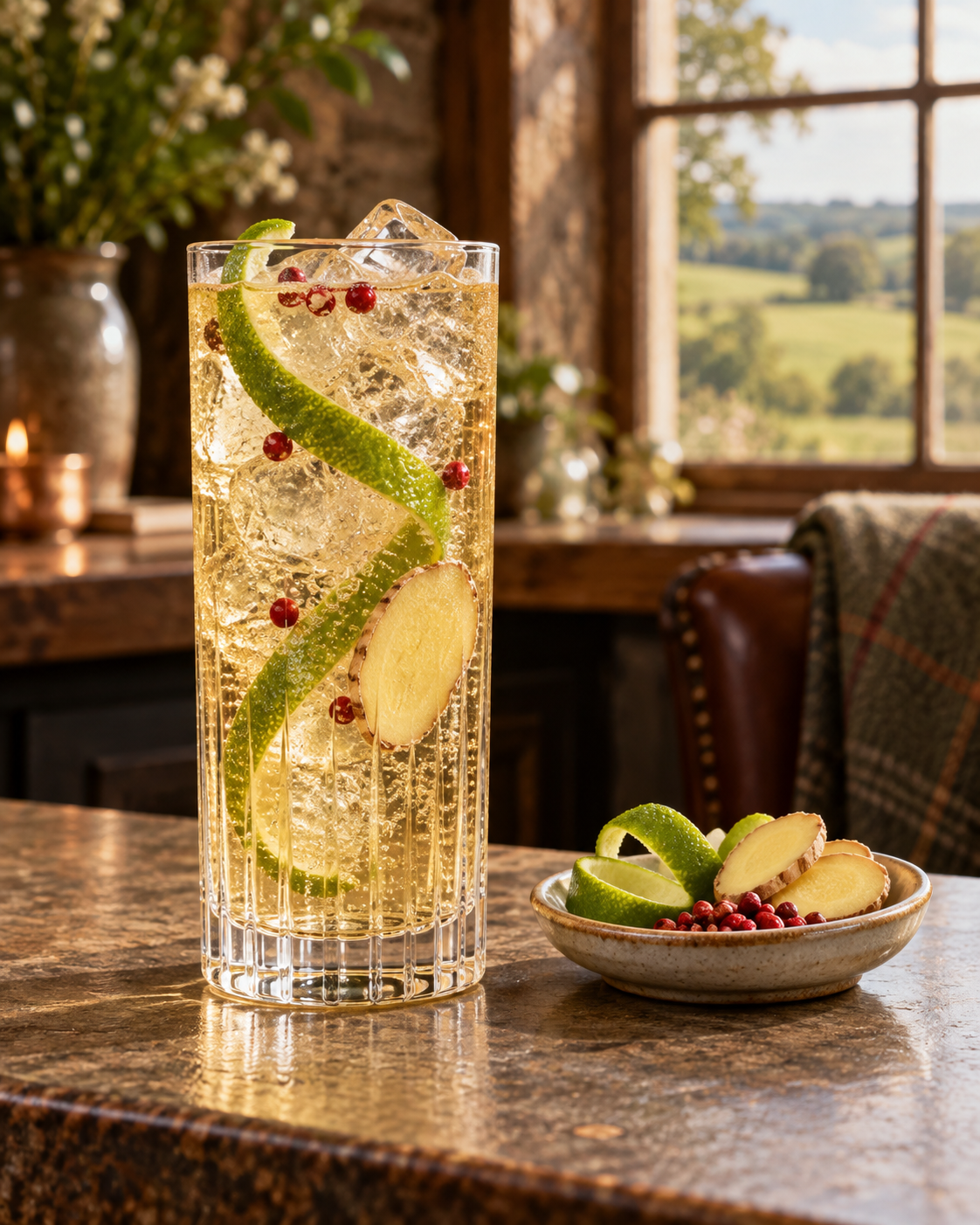 Kauto Contemporary Dry Gin servi avec Fever-Tree Indian Tonic Water, agrémenté de Lime wheel et Ginger slice
