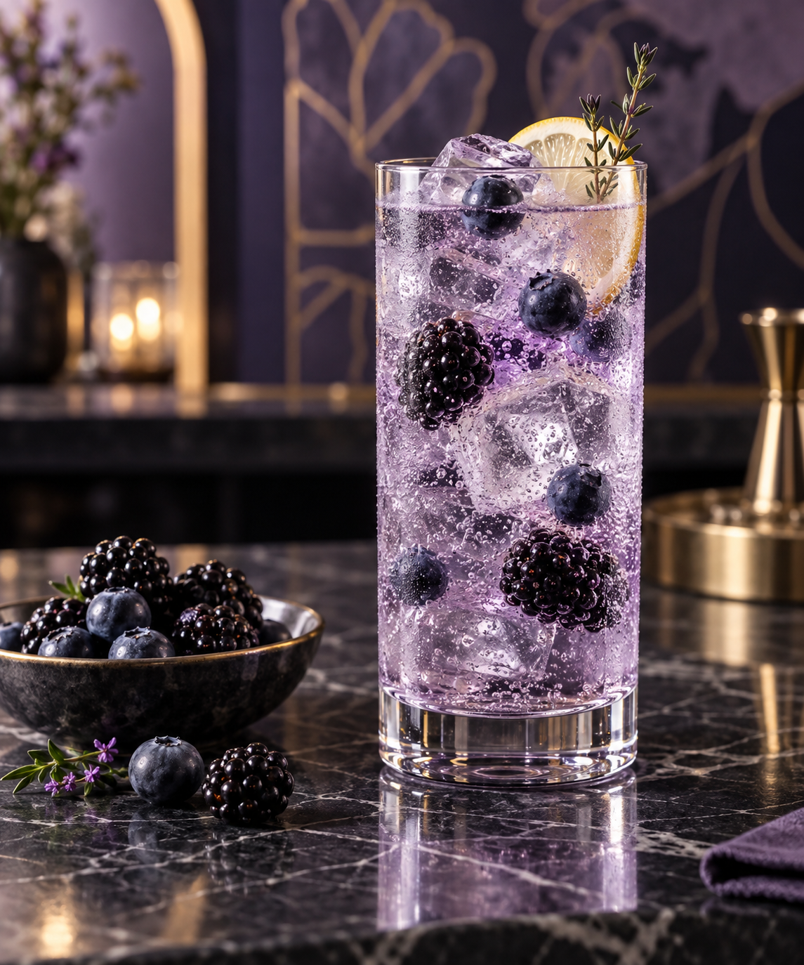 James Bay Distillers Berry & Ube Gin served with Fever-Tree Indian Tonic Water, garnished with Blueberries and Blackberries