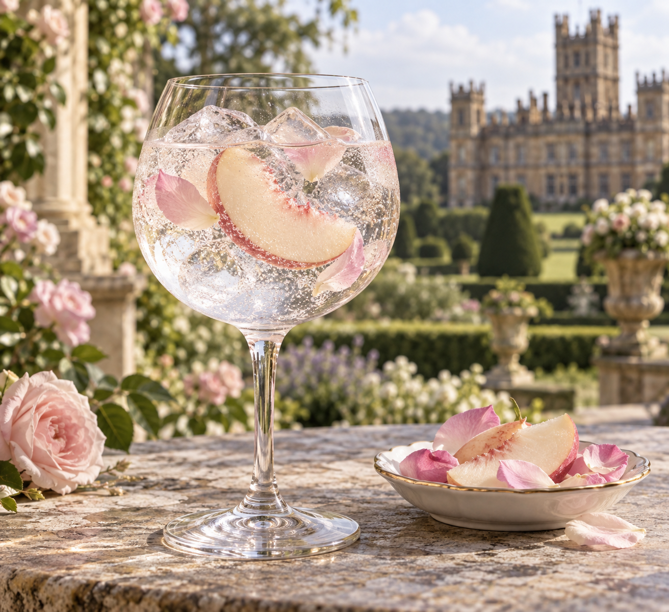 Highclere Castle Gin Peach Rose served with Fever-Tree Indian Tonic Water, garnished with White peach slice and Rose petals