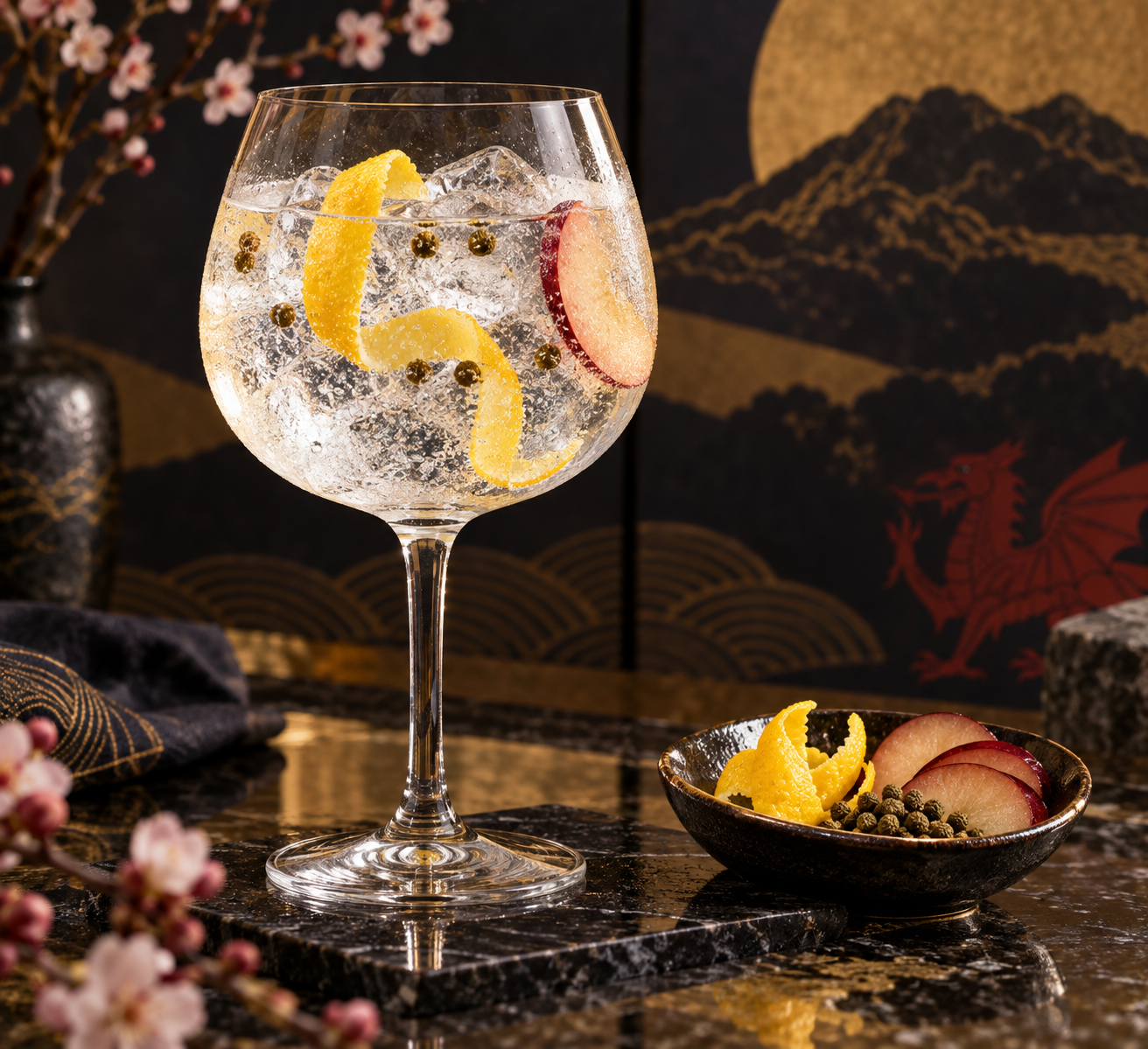 Gwyr Gyda Chariad With Love London Dry Gin served with Fever-Tree Indian Tonic Water, garnished with Yuzu peel and Plum slice