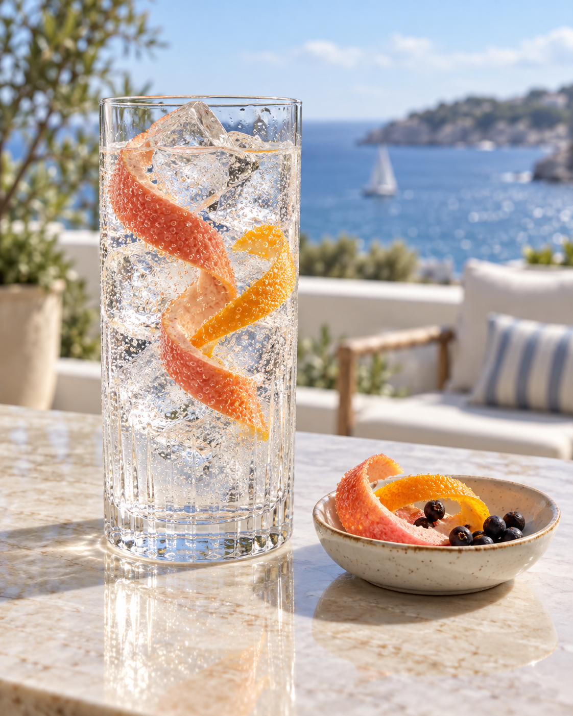 Beach Buoys Coastal Dry Gin served with Fever-Tree Indian Tonic Water, garnished with Grapefruit peel and Orange peel