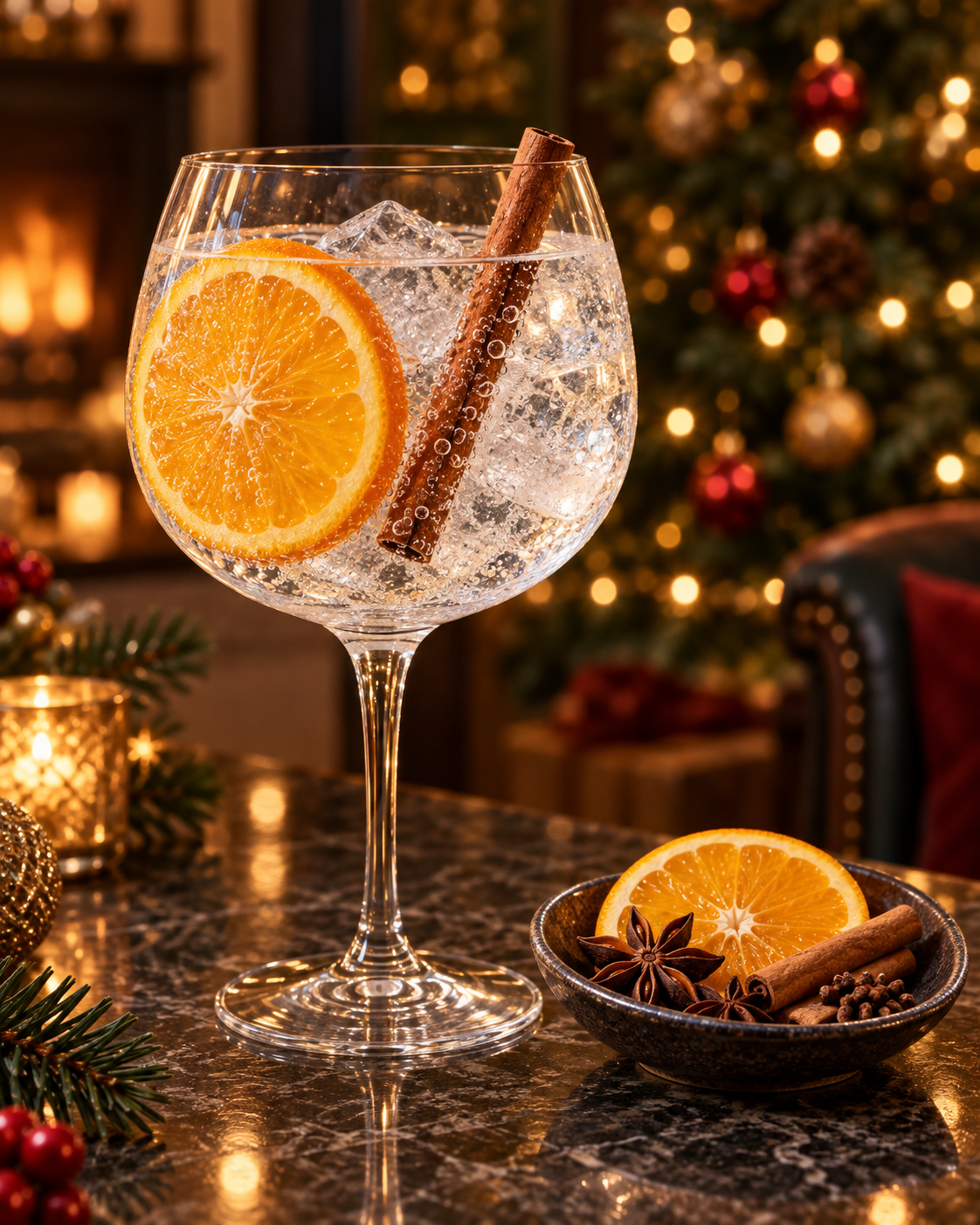 30 Knots Christmas Gin served with Fever-Tree Indian Tonic Water, garnished with Orange wheel and Cinnamon stick