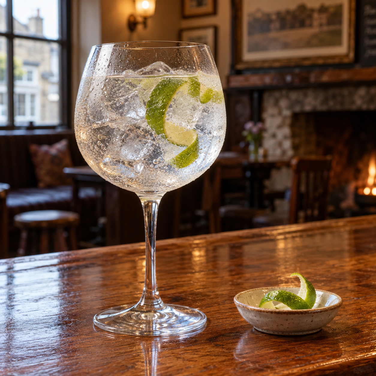 Spirit of Glastonbury Navy Strength Gin served with Fever-Tree Indian Tonic Water, garnished with Lime twist