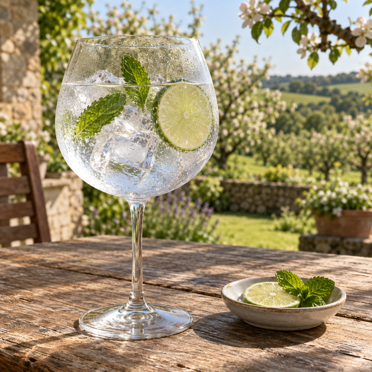 Spirit of Glastonbury Somerset Pear Gin served with Fever-Tree Mediterranean Tonic Water, garnished with Lime wheel and Mint leaves
