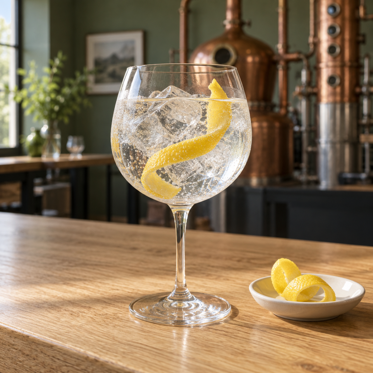 Shed One Martini Gin served with Fever-Tree Indian Tonic Water, garnished with Lemon twist