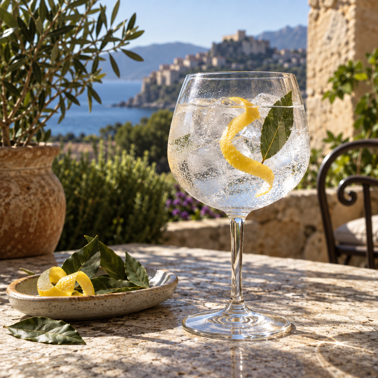 Distilled Dry Gin LN Mattei served with Fever-Tree Mediterranean Tonic Water, garnished with Citron peel and Bay leaf