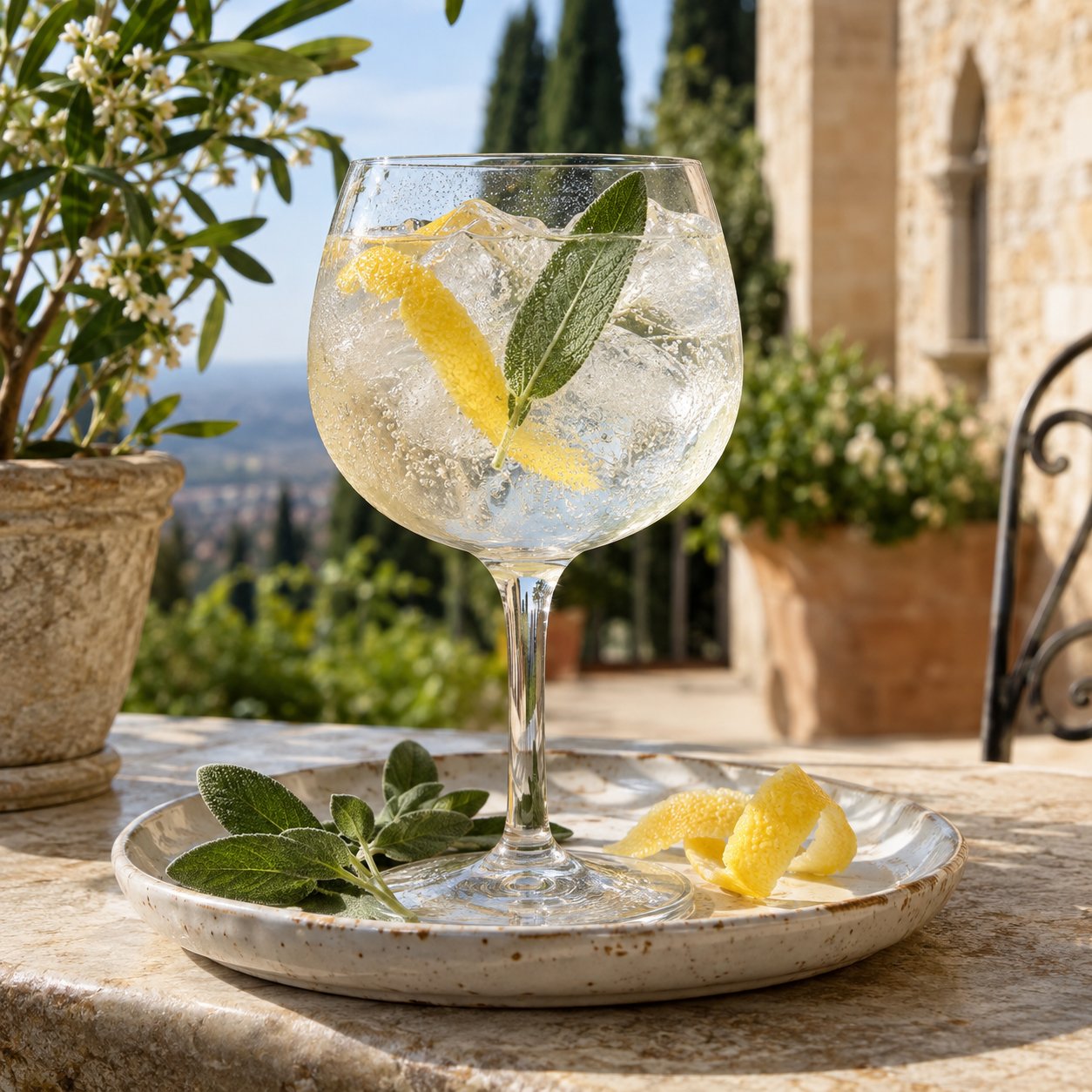 Bottega Bacur Distilled Dry Gin served with Fever-Tree Indian Tonic Water, garnished with Lemon twist and Sage leaf