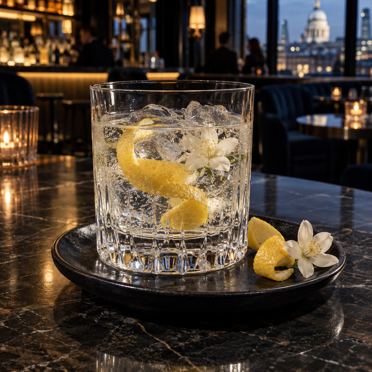 Still GIN by Dre and Snoop served with Fever-Tree Indian Tonic Water, garnished with Lemon twist and Jasmine flower