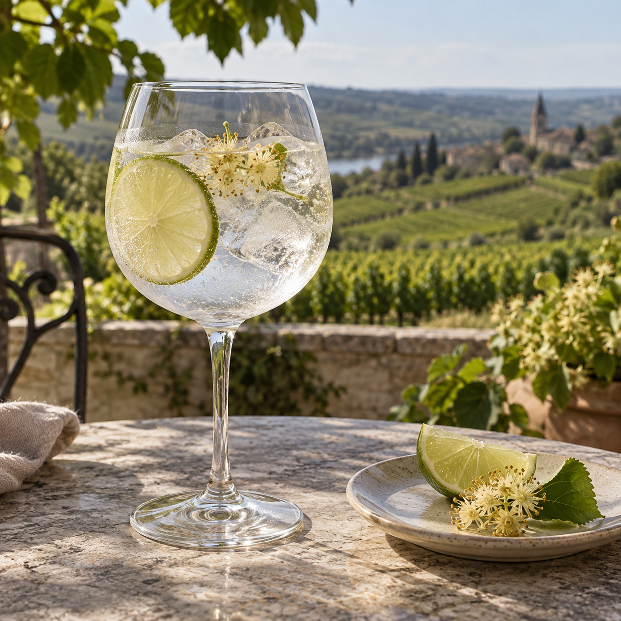 Renais Gin First Edition served with Fever-Tree Indian Tonic Water, garnished with Lime wheel and Linden blossom