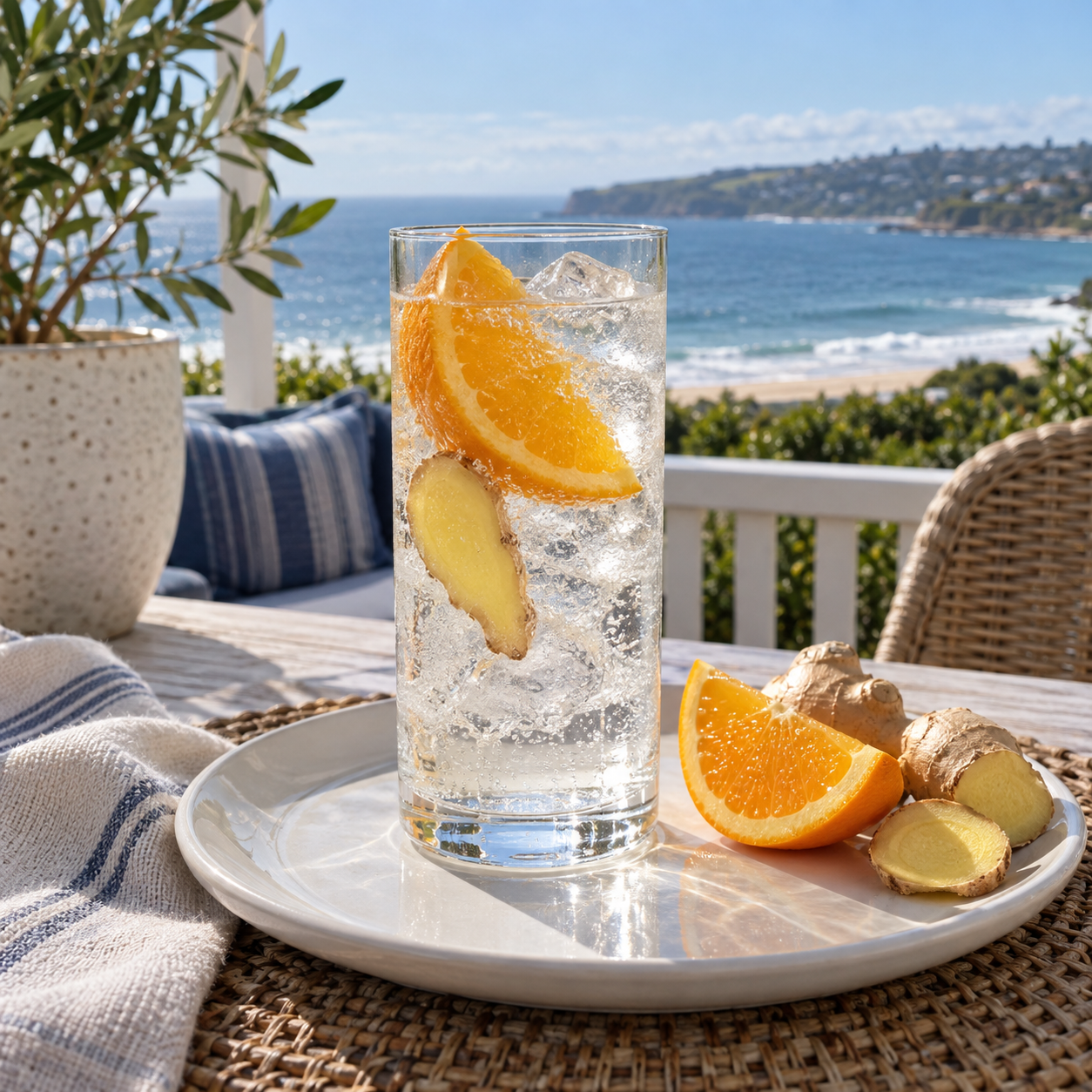 Papa Salt Coastal Gin served, garnished with Orange wedge and Ginger slice