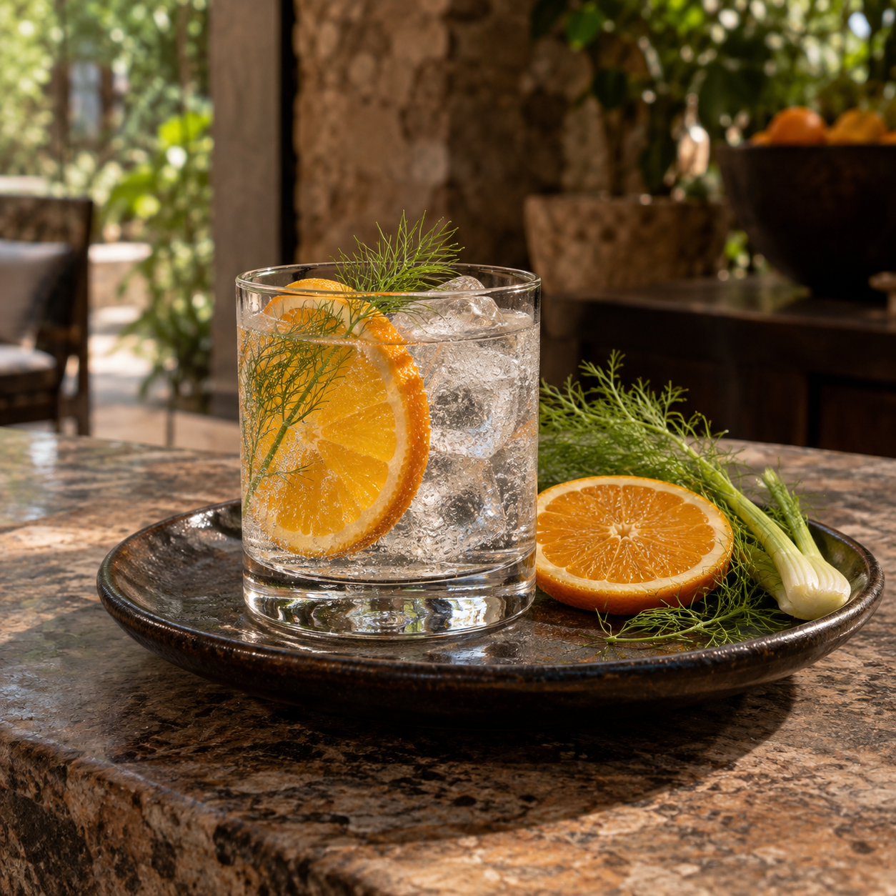 Xibal Gin served with Fever-Tree Indian Tonic Water, garnished with Orange wheel and Fennel frond