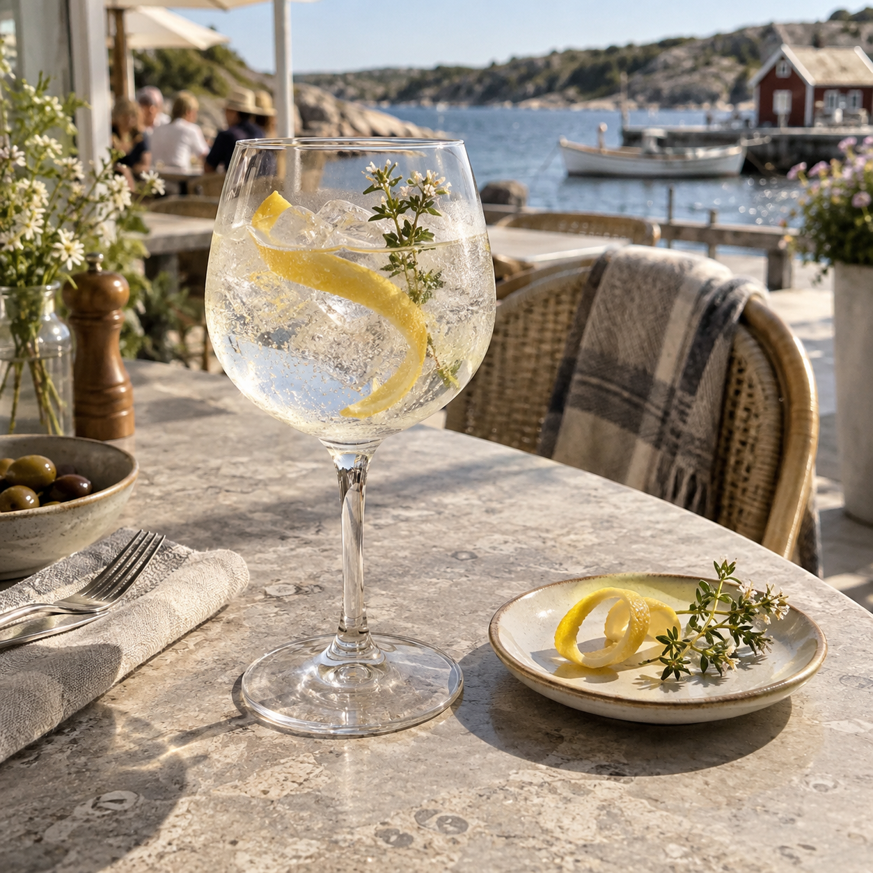 Gotlands Ginfabrik Dry Gin served with Fever-Tree Indian Tonic Water, garnished with Citrus peel and Herb sprig
