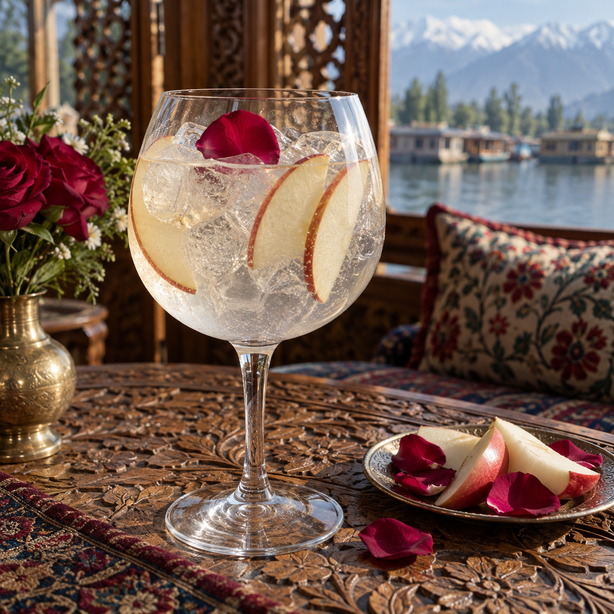 Samsara The Vale of Paradise Gin served with Fever-Tree Indian Tonic Water, garnished with Apple slice and Rose petals