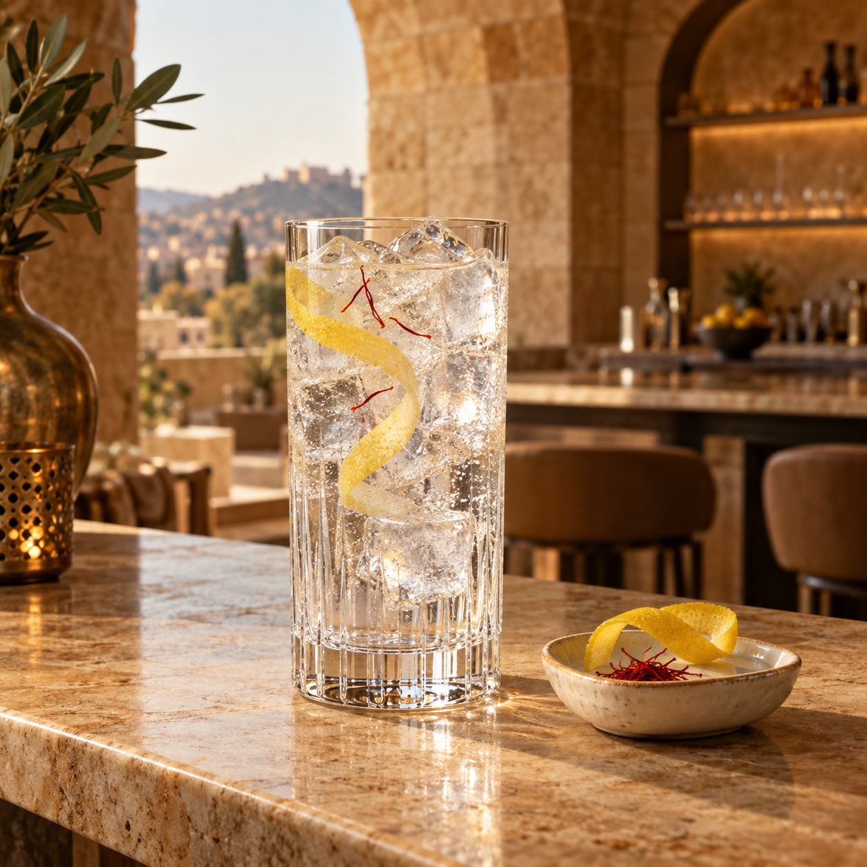 Jaisalmer Gold Gin served with Fever-Tree Indian Tonic Water, garnished with Lemon twist and Saffron threads
