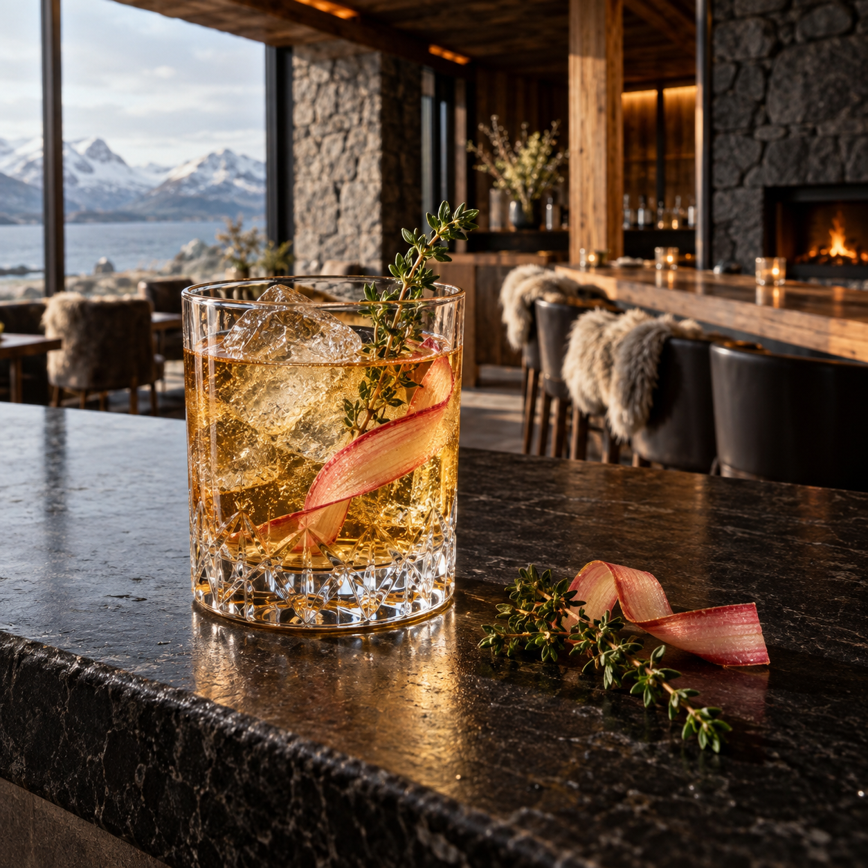 VOR Gin Barrel Aged served with Fever-Tree Indian Tonic Water, garnished with Rhubarb ribbon and Thyme sprig