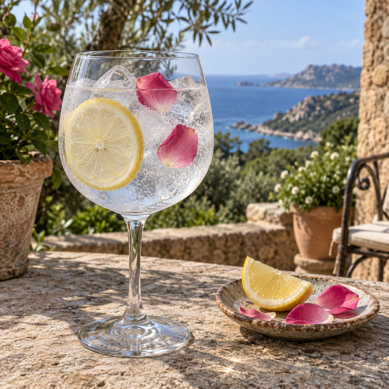 RENA 41 Mirto e Rosa Distilled Gin served with Fever-Tree Indian Tonic Water, garnished with Lemon wheel and Rose petals