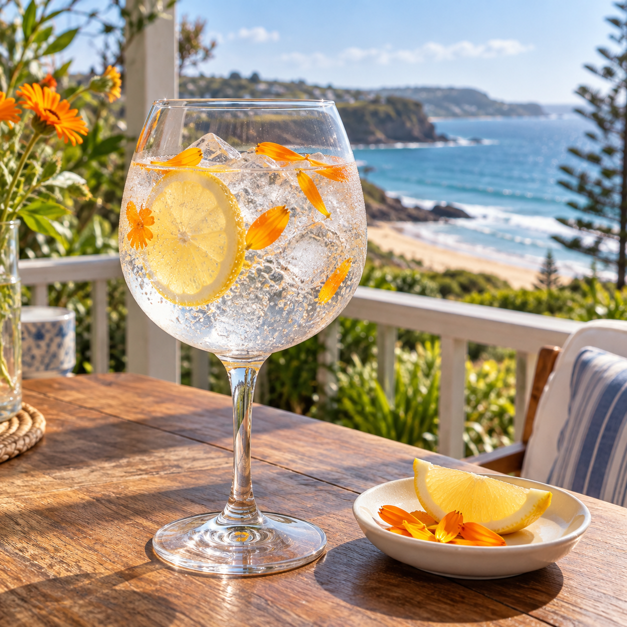 30 Knots Venticello Gin served with Fever-Tree Indian Tonic Water, garnished with Lemon wheel and Calendula petals