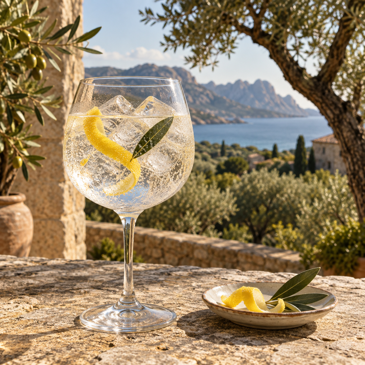 Gin du Domaine de Murtoli Edition Classique served with Fever-Tree Indian Tonic Water, garnished with Lemon twist and Olive leaf