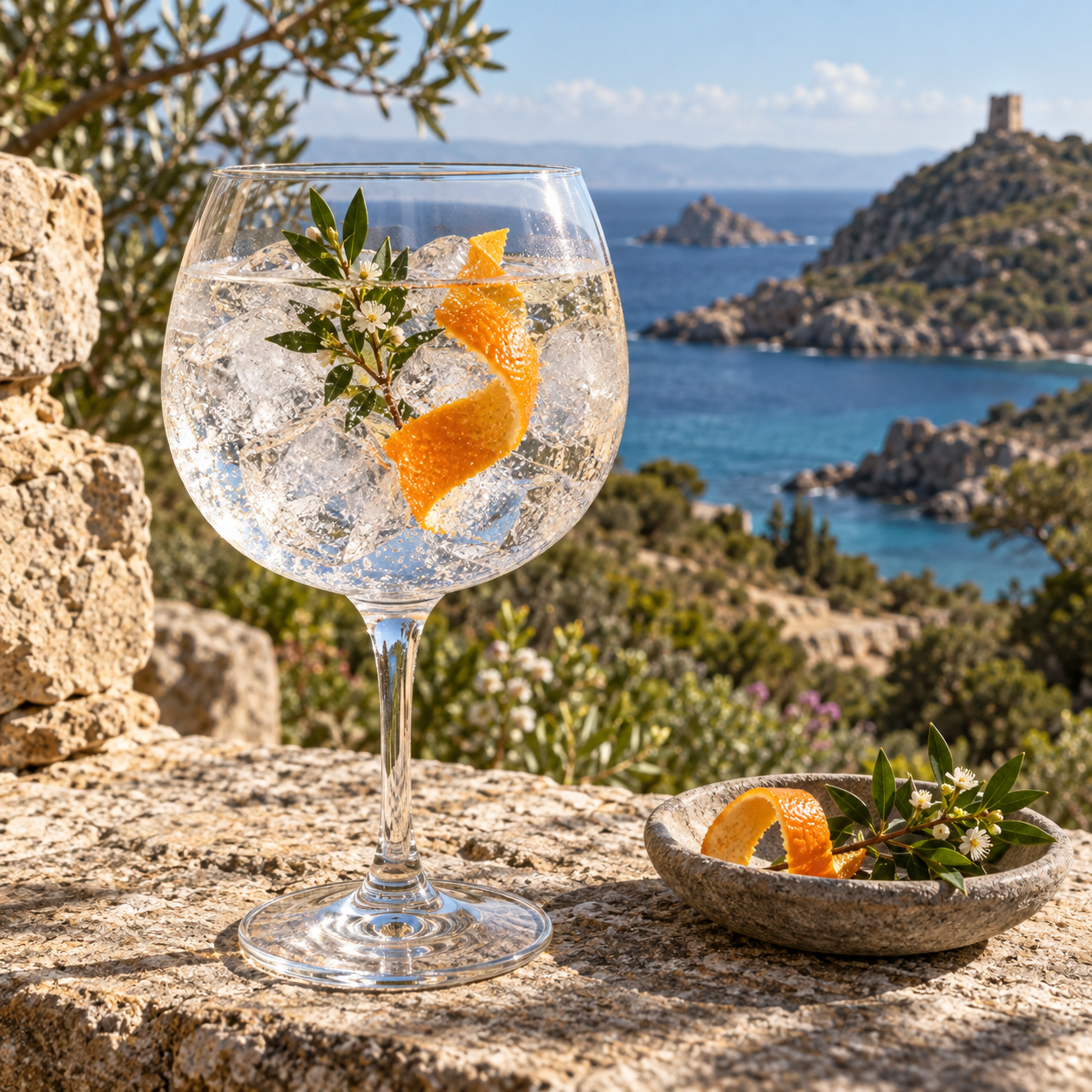 Gin San Roccu Anima servi avec Fever-Tree Indian Tonic Water, agrémenté de Clementine peel et Myrtle sprig