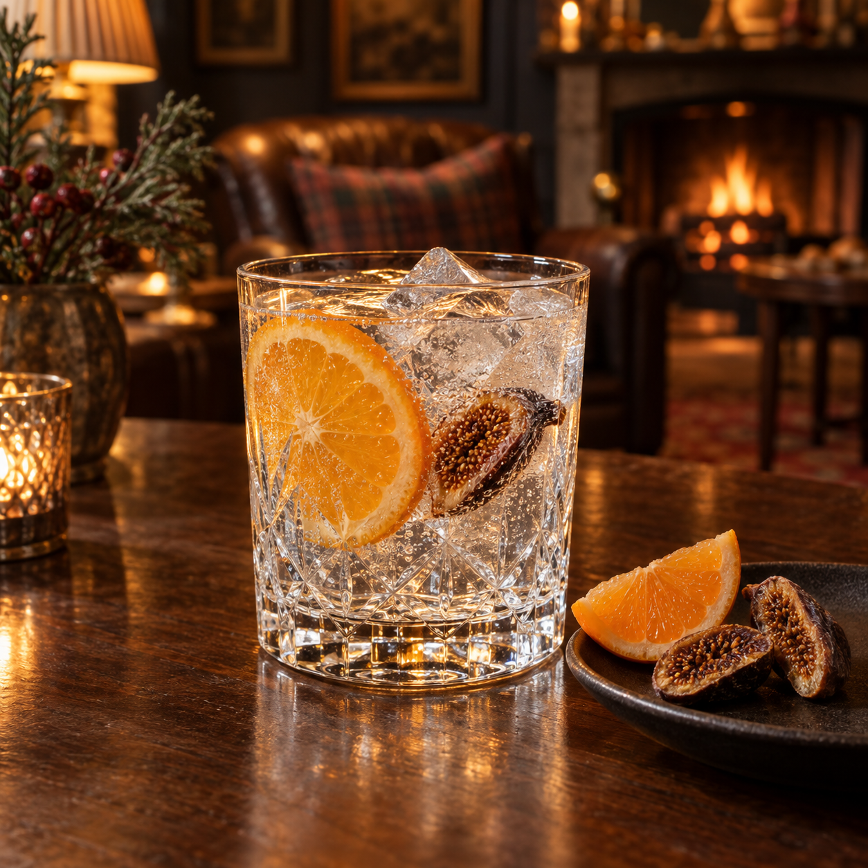 Steeplechase Dessie Vanilla Fig and Clementine Gin servi avec Fever-Tree Indian Tonic Water, agrémenté de Clementine slice et Dried fig