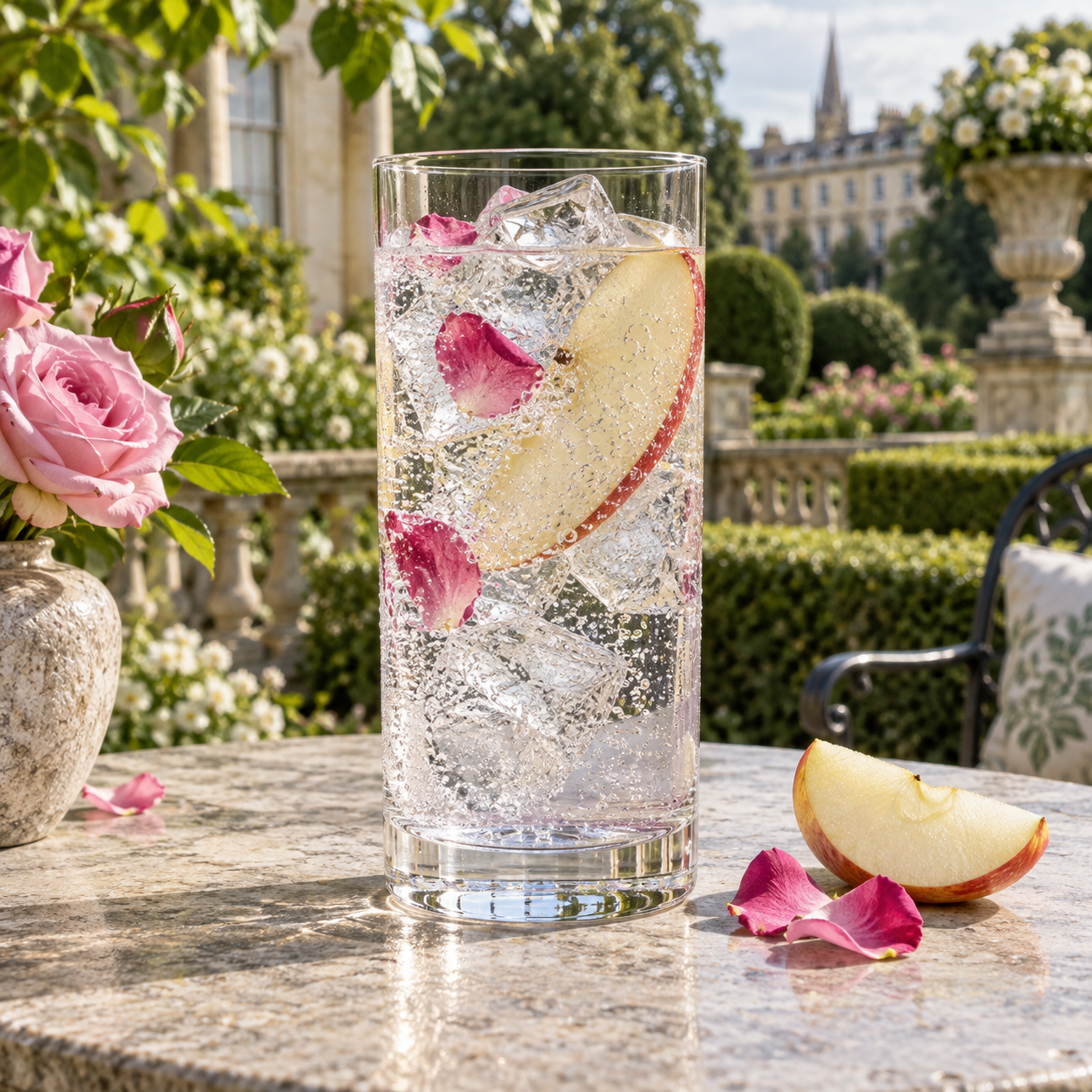 The Philosopher's Daughter Dry Gin served with Fever-Tree Elderflower Tonic Water, garnished with Apple slice and Rose petals