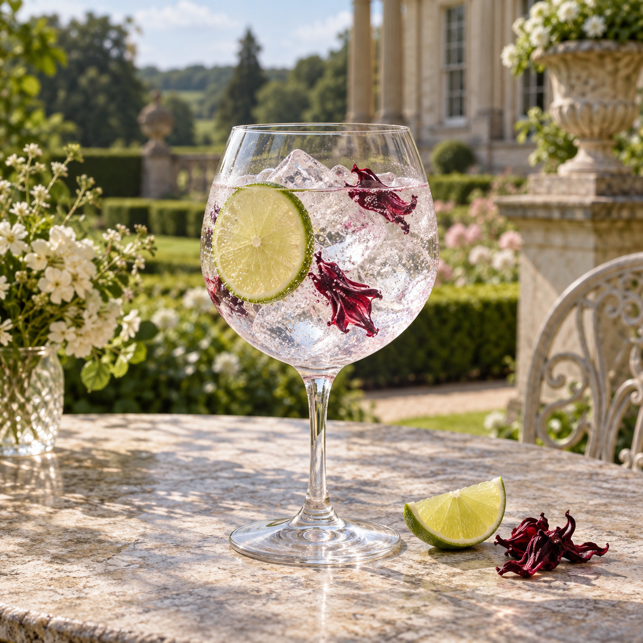 Leamington on Parade Gin served with Fever-Tree Mediterranean Tonic Water, garnished with Lime wheel and Hibiscus petals