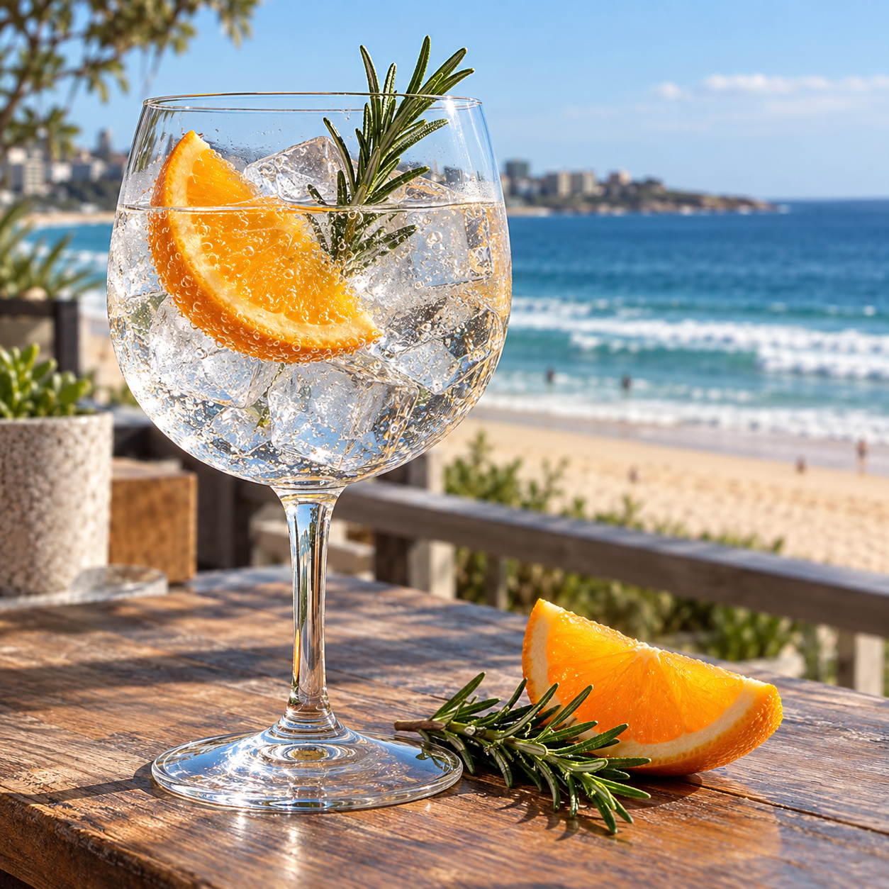 Bondi Liquor Co Beach Dry Gin servi avec Fever-Tree Indian Tonic Water, agrémenté de Orange slice et Rosemary